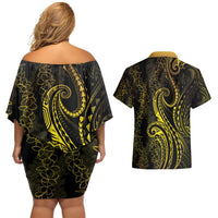 Polynesia Plumeria Lei Couples Matching Off Shoulder Short Dress and Hawaiian Shirt Black Gold Curves Motif