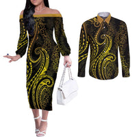 Polynesia Plumeria Lei Couples Matching Off The Shoulder Long Sleeve Dress and Long Sleeve Button Shirt Black Gold Curves Motif