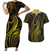Polynesia Plumeria Lei Couples Matching Short Sleeve Bodycon Dress and Hawaiian Shirt Black Gold Curves Motif