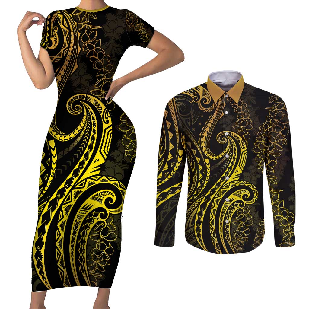 Polynesia Plumeria Lei Couples Matching Short Sleeve Bodycon Dress and Long Sleeve Button Shirt Black Gold Curves Motif
