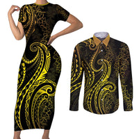 Polynesia Plumeria Lei Couples Matching Short Sleeve Bodycon Dress and Long Sleeve Button Shirt Black Gold Curves Motif