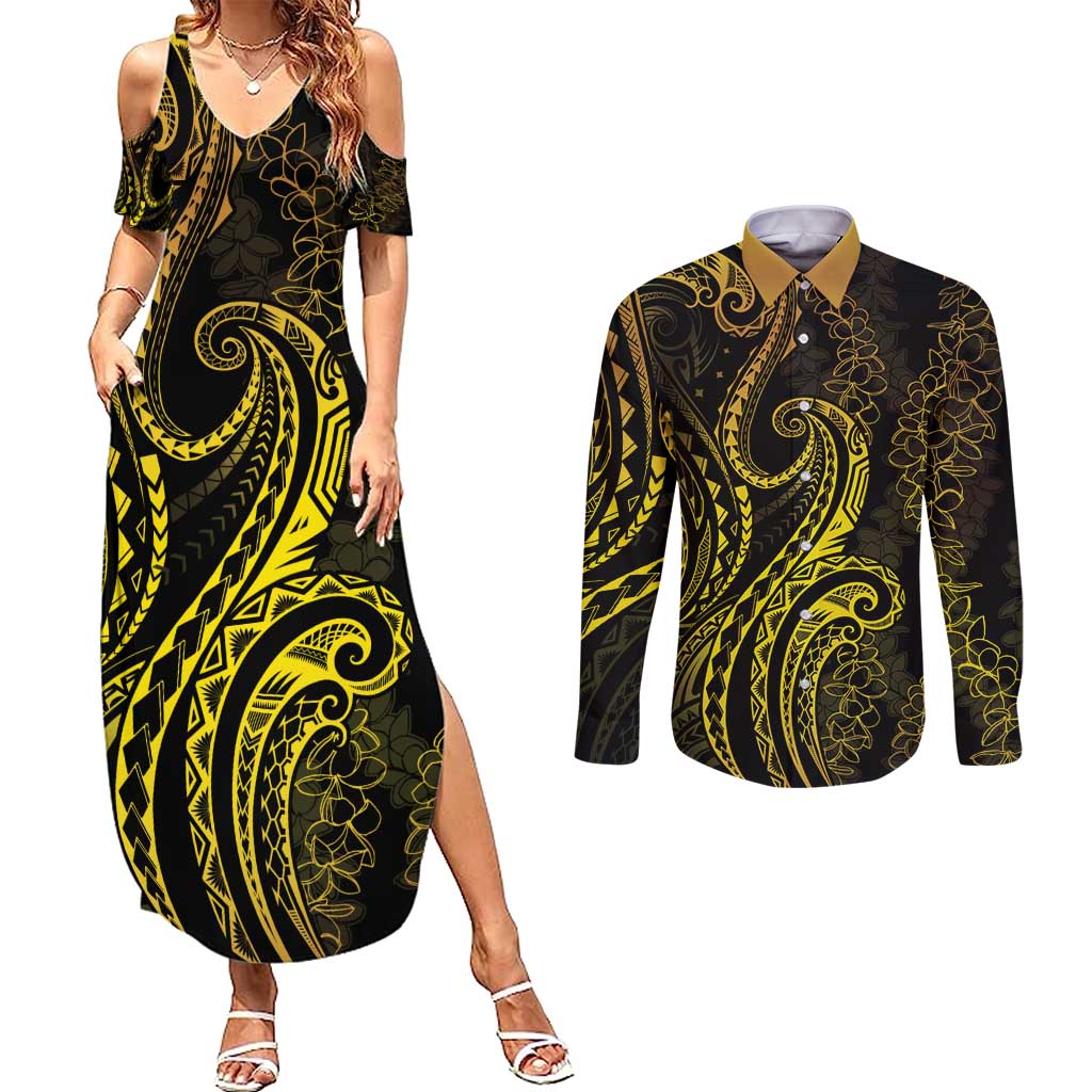 Polynesia Plumeria Lei Couples Matching Summer Maxi Dress and Long Sleeve Button Shirt Black Gold Curves Motif LT7 Gold - Polynesian Pride