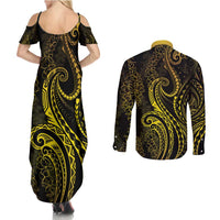 Polynesia Plumeria Lei Couples Matching Summer Maxi Dress and Long Sleeve Button Shirt Black Gold Curves Motif LT7 - Polynesian Pride