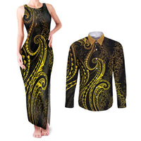 Polynesia Plumeria Lei Couples Matching Tank Maxi Dress and Long Sleeve Button Shirt Black Gold Curves Motif LT7 Gold - Polynesian Pride