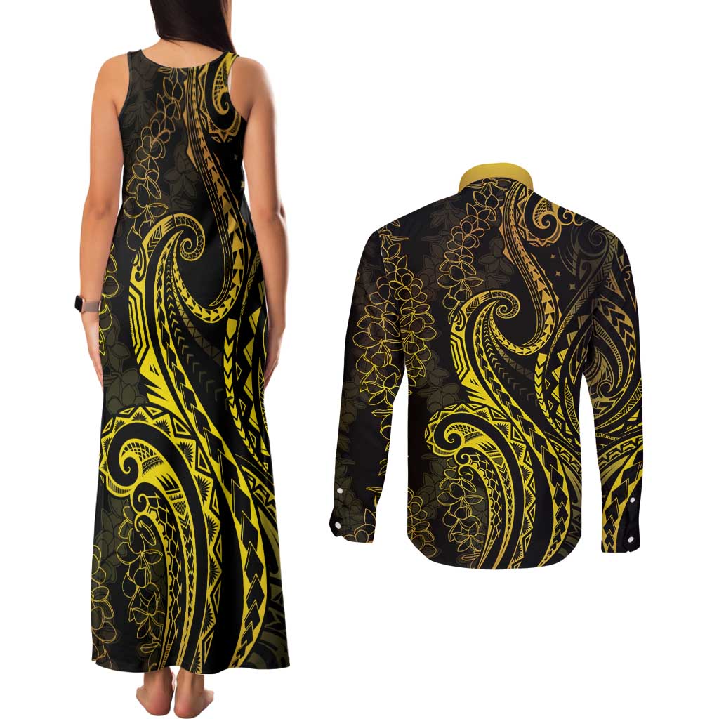 Polynesia Plumeria Lei Couples Matching Tank Maxi Dress and Long Sleeve Button Shirt Black Gold Curves Motif LT7 - Polynesian Pride