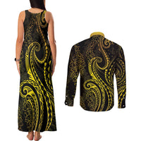 Polynesia Plumeria Lei Couples Matching Tank Maxi Dress and Long Sleeve Button Shirt Black Gold Curves Motif LT7 - Polynesian Pride