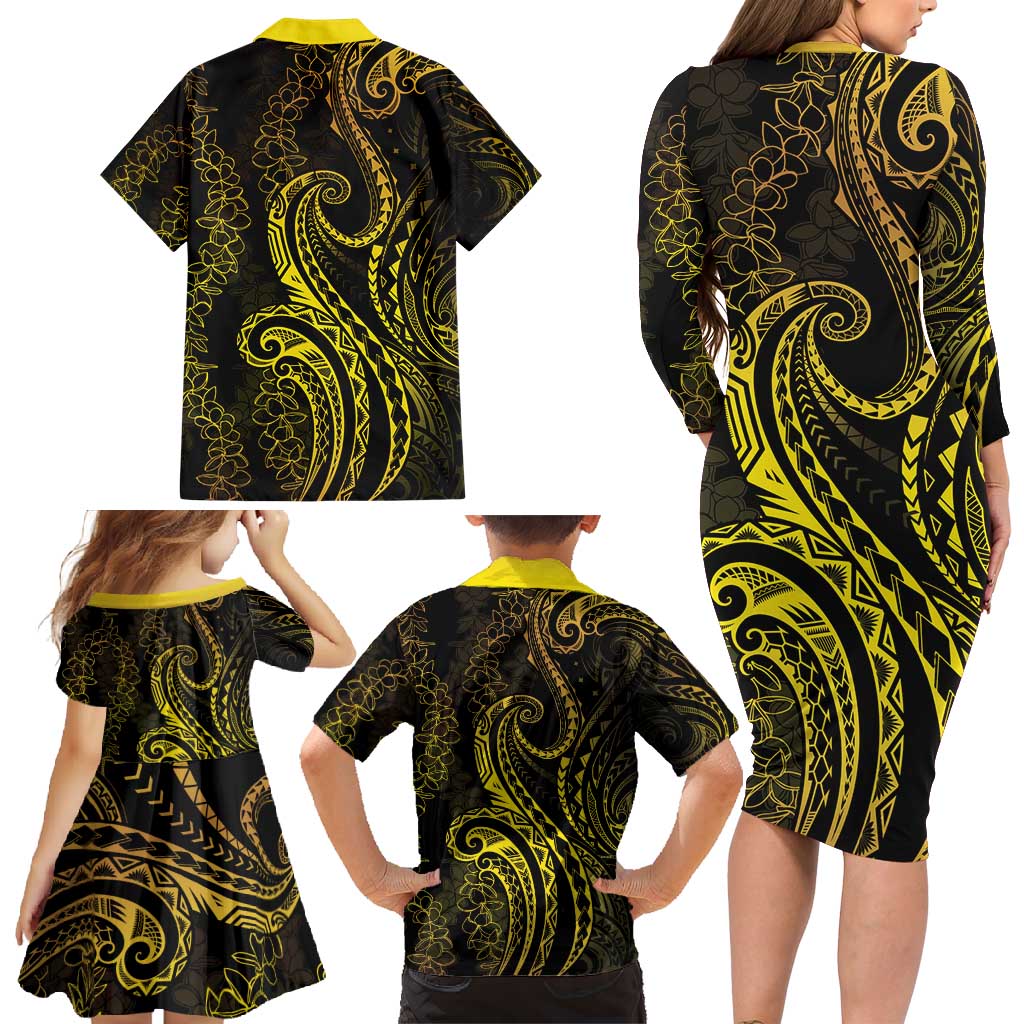 Polynesia Plumeria Lei Family Matching Long Sleeve Bodycon Dress and Hawaiian Shirt Black Gold Curves Motif LT7 - Polynesian Pride