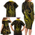 Polynesia Plumeria Lei Family Matching Long Sleeve Bodycon Dress and Hawaiian Shirt Black Gold Curves Motif