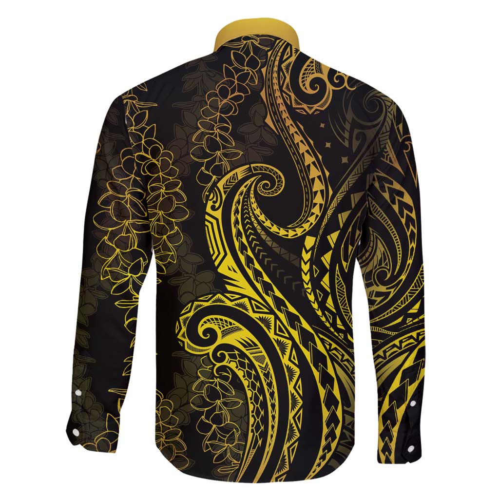 Polynesia Plumeria Lei Family Matching Long Sleeve Bodycon Dress and Hawaiian Shirt Black Gold Curves Motif LT7 - Polynesian Pride