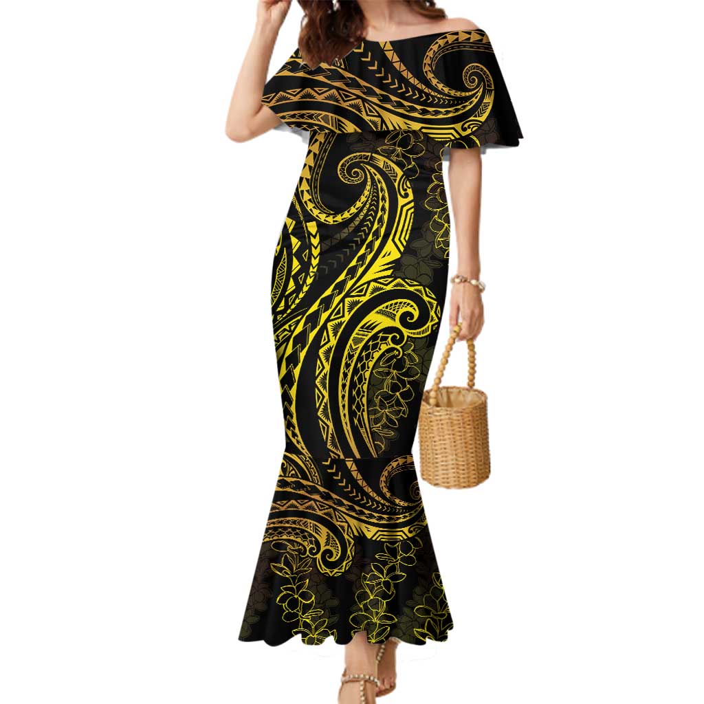 Polynesia Plumeria Lei Family Matching Mermaid Dress and Hawaiian Shirt Black Gold Curves Motif LT7 Mom's Dress Gold - Polynesian Pride