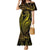 Polynesia Plumeria Lei Family Matching Mermaid Dress and Hawaiian Shirt Black Gold Curves Motif