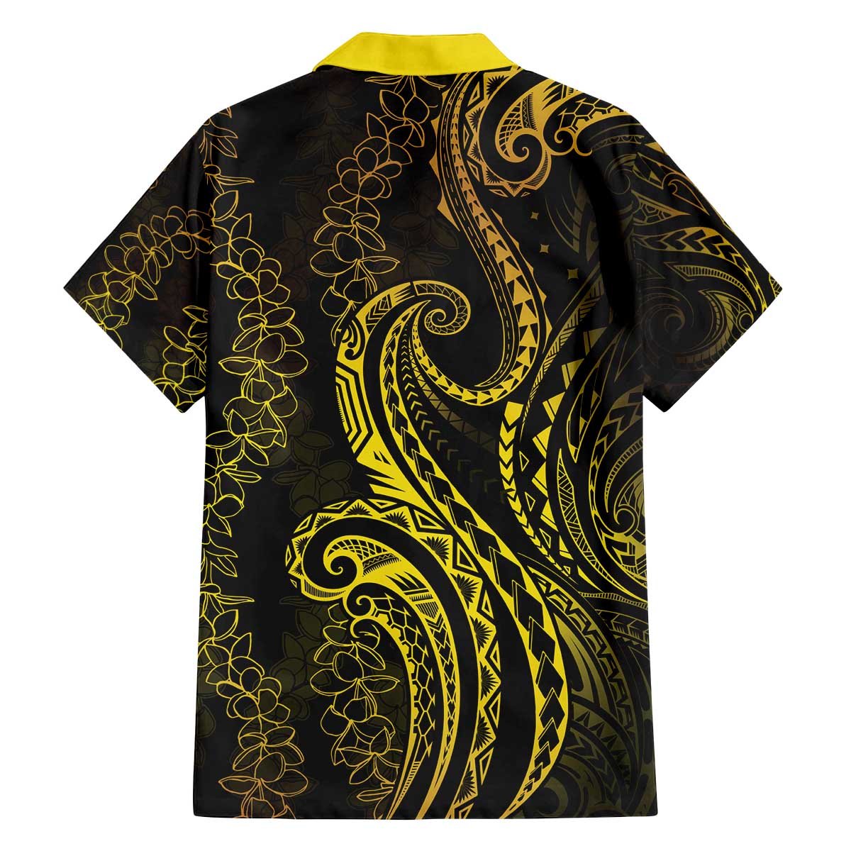 Polynesia Plumeria Lei Family Matching Off The Shoulder Long Sleeve Dress and Hawaiian Shirt Black Gold Curves Motif