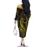Polynesia Plumeria Lei Family Matching Off The Shoulder Long Sleeve Dress and Hawaiian Shirt Black Gold Curves Motif
