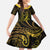 Polynesia Plumeria Lei Family Matching Off Shoulder Maxi Dress and Hawaiian Shirt Black Gold Curves Motif