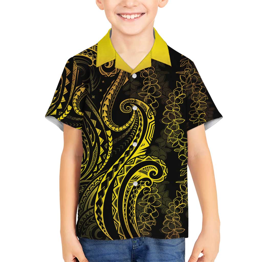 Polynesia Plumeria Lei Family Matching Off Shoulder Maxi Dress and Hawaiian Shirt Black Gold Curves Motif LT7 Son's Shirt Gold - Polynesian Pride
