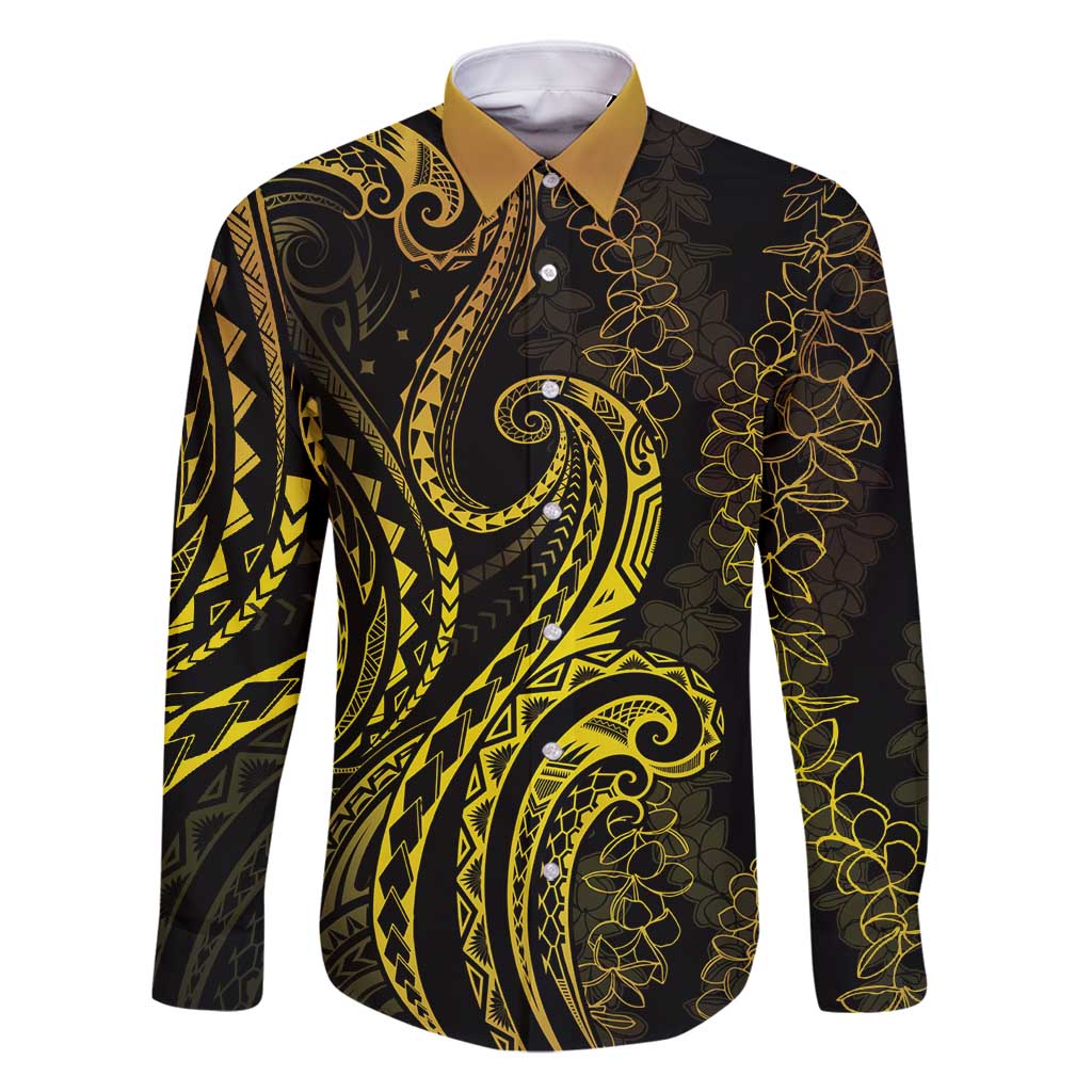 Polynesia Plumeria Lei Family Matching Off Shoulder Short Dress and Hawaiian Shirt Black Gold Curves Motif