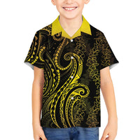 Polynesia Plumeria Lei Family Matching Off Shoulder Short Dress and Hawaiian Shirt Black Gold Curves Motif