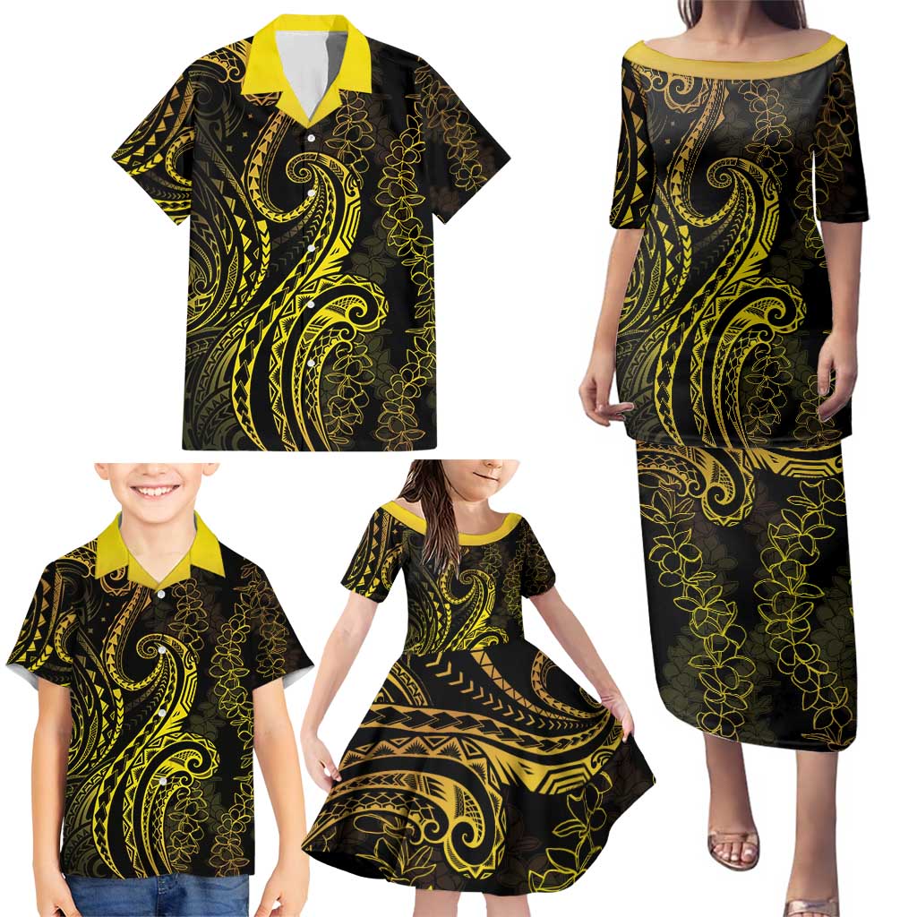 Polynesia Plumeria Lei Family Matching Puletasi and Hawaiian Shirt Black Gold Curves Motif LT7 - Polynesian Pride