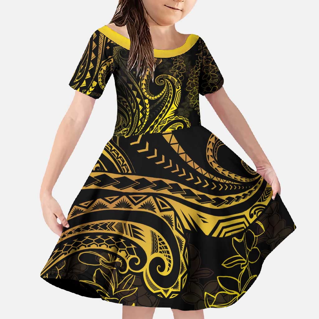 Polynesia Plumeria Lei Family Matching Short Sleeve Bodycon Dress and Hawaiian Shirt Black Gold Curves Motif LT7 Daughter's Dress Gold - Polynesian Pride
