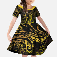 Polynesia Plumeria Lei Family Matching Short Sleeve Bodycon Dress and Hawaiian Shirt Black Gold Curves Motif LT7 Daughter's Dress Gold - Polynesian Pride