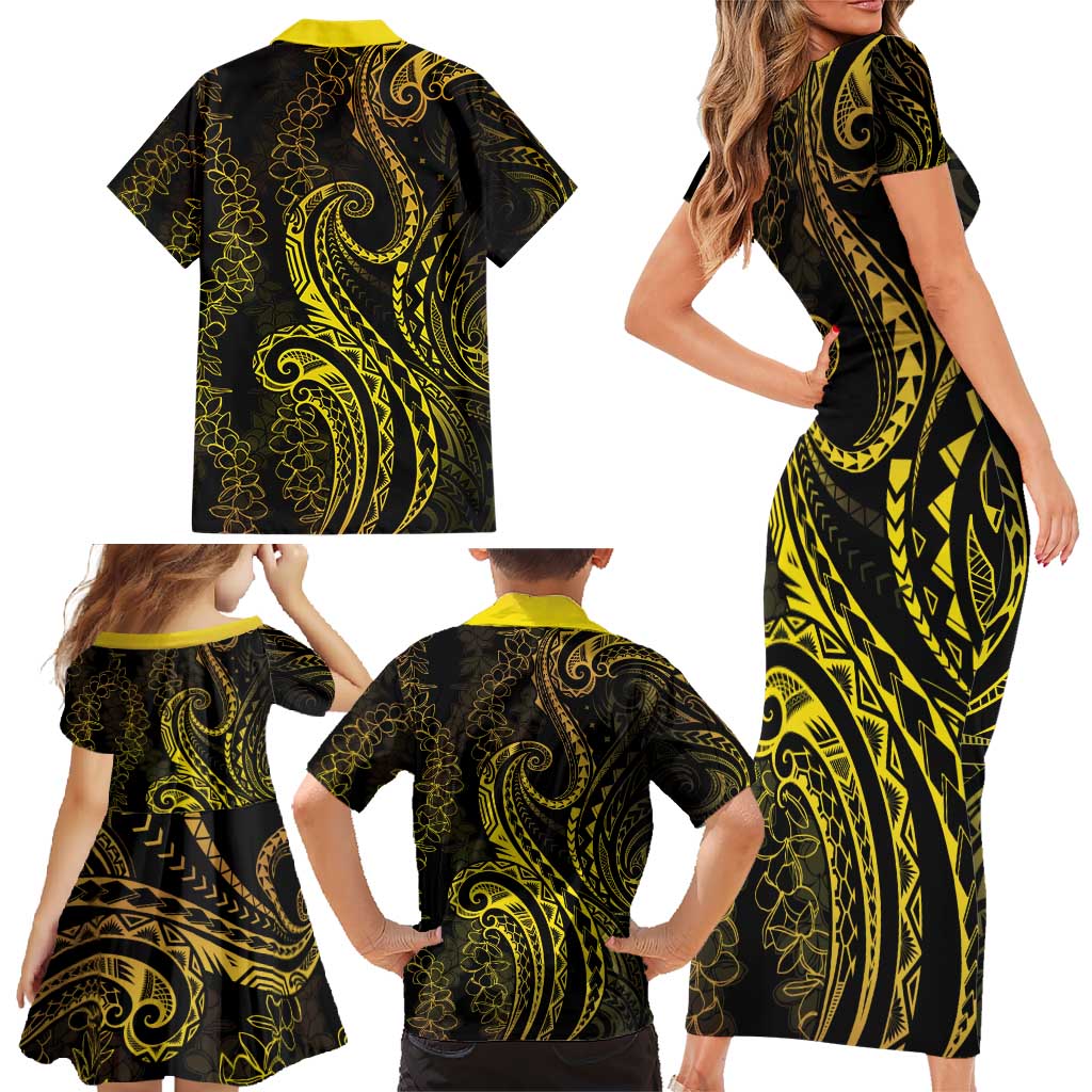 Polynesia Plumeria Lei Family Matching Short Sleeve Bodycon Dress and Hawaiian Shirt Black Gold Curves Motif LT7 - Polynesian Pride
