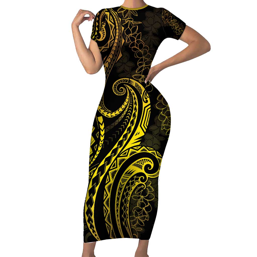 Polynesia Plumeria Lei Family Matching Short Sleeve Bodycon Dress and Hawaiian Shirt Black Gold Curves Motif LT7 Mom's Dress Gold - Polynesian Pride
