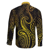 Polynesia Plumeria Lei Family Matching Summer Maxi Dress and Hawaiian Shirt Black Gold Curves Motif