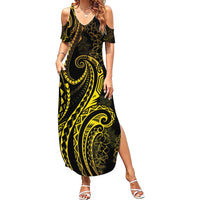 Polynesia Plumeria Lei Family Matching Summer Maxi Dress and Hawaiian Shirt Black Gold Curves Motif