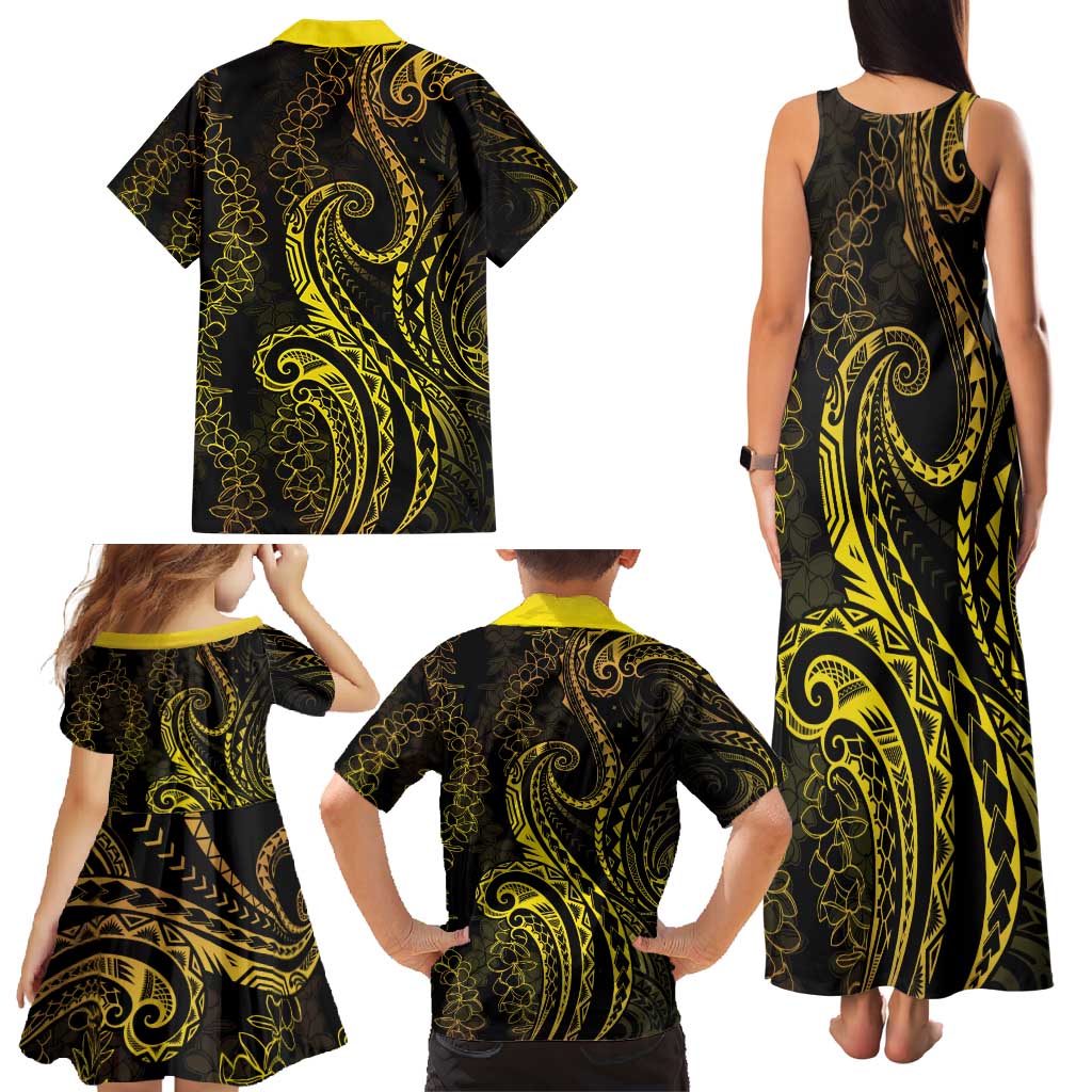 Polynesia Plumeria Lei Family Matching Tank Maxi Dress and Hawaiian Shirt Black Gold Curves Motif