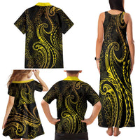 Polynesia Plumeria Lei Family Matching Tank Maxi Dress and Hawaiian Shirt Black Gold Curves Motif