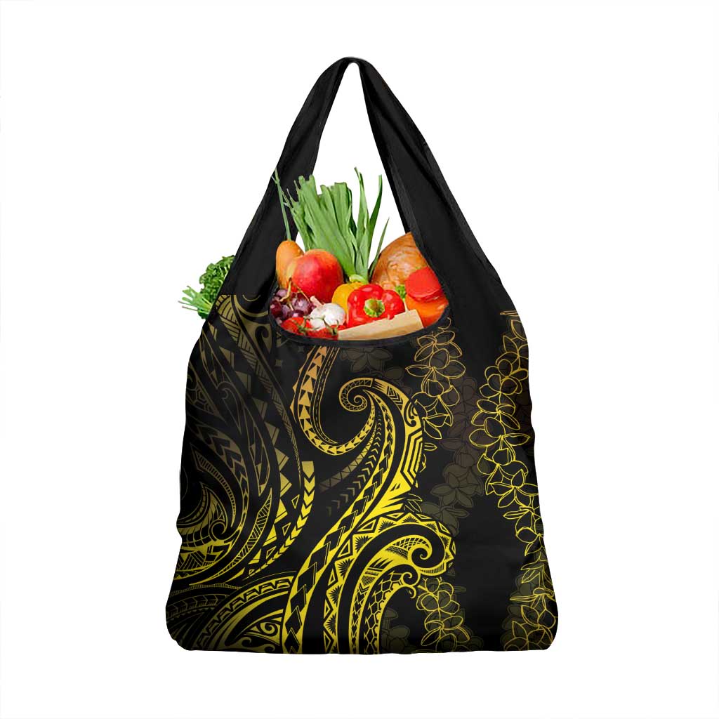 Polynesia Plumeria Lei Grocery Bag Black Gold Curves Motif
