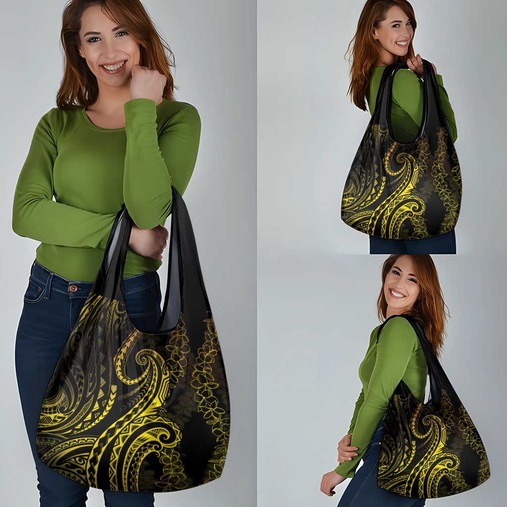 Polynesia Plumeria Lei Grocery Bag Black Gold Curves Motif