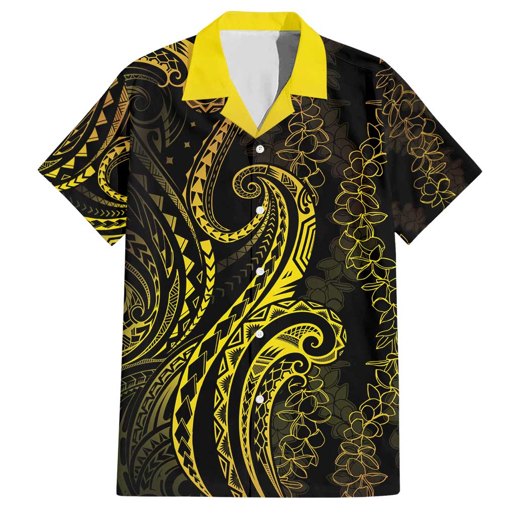 Polynesia Plumeria Lei Hawaiian Shirt Black Gold Curves Motif