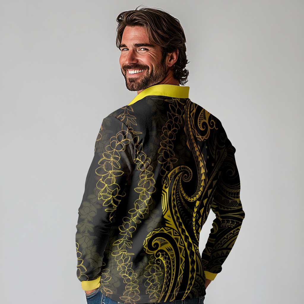 Polynesia Plumeria Lei Long Sleeve Polo Shirt Black Gold Curves Motif
