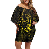 Polynesia Plumeria Lei Off Shoulder Short Dress Black Gold Curves Motif