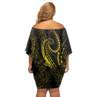 Polynesia Plumeria Lei Off Shoulder Short Dress Black Gold Curves Motif