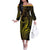 Polynesia Plumeria Lei Off The Shoulder Long Sleeve Dress Black Gold Curves Motif