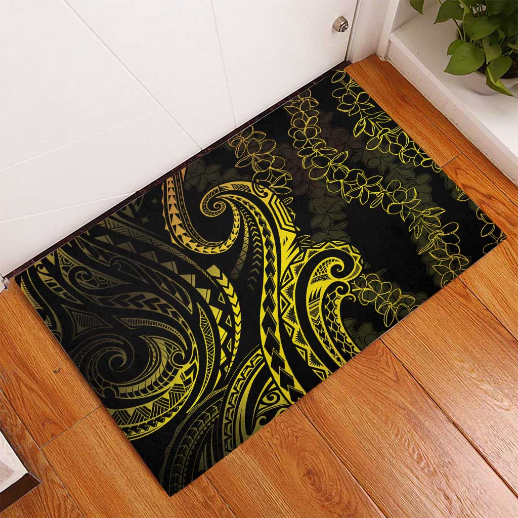 Polynesia Plumeria Lei Rubber Doormat Black Gold Curves Motif