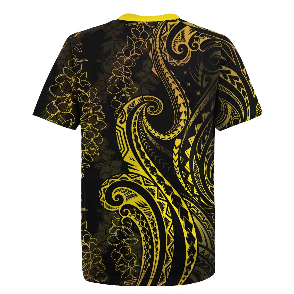 Polynesia Plumeria Lei Rugby Jersey Black Gold Curves Motif