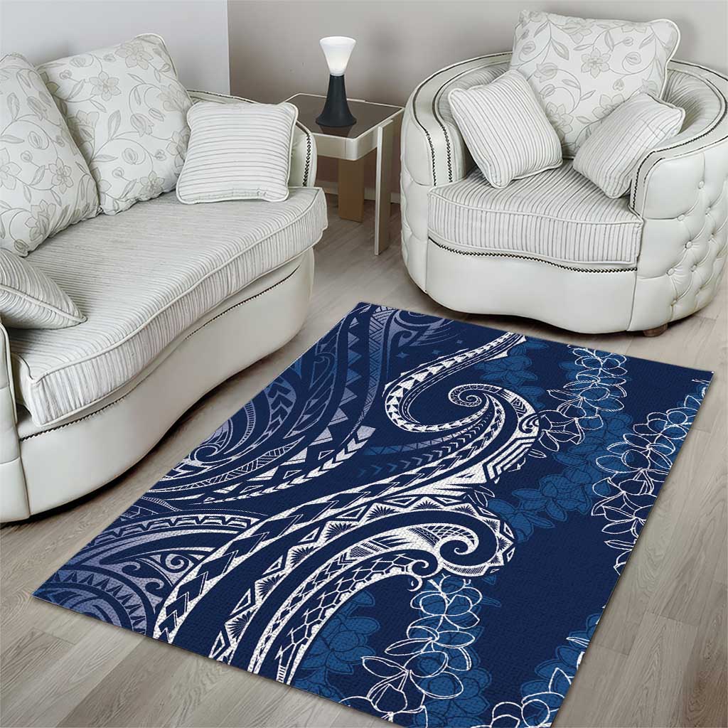 Polynesia Plumeria Lei Area Rug Navy Blue Curves Motif