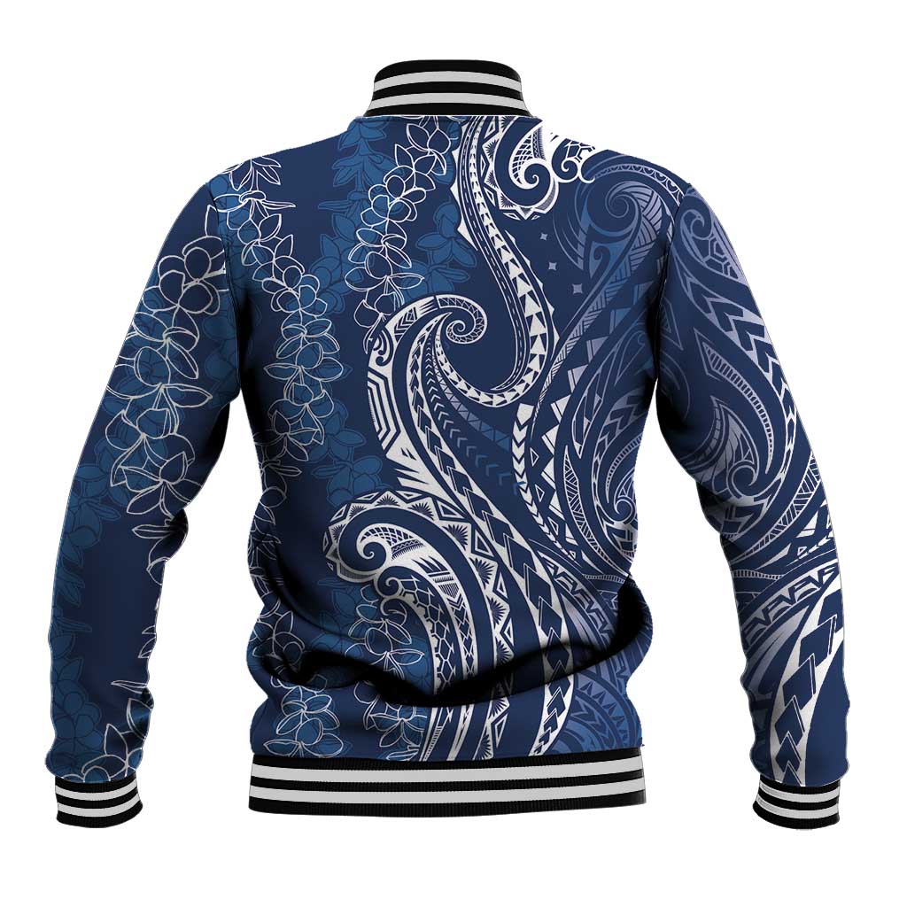 Polynesia Plumeria Lei Baseball Jacket Navy Blue Curves Motif