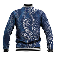 Polynesia Plumeria Lei Baseball Jacket Navy Blue Curves Motif