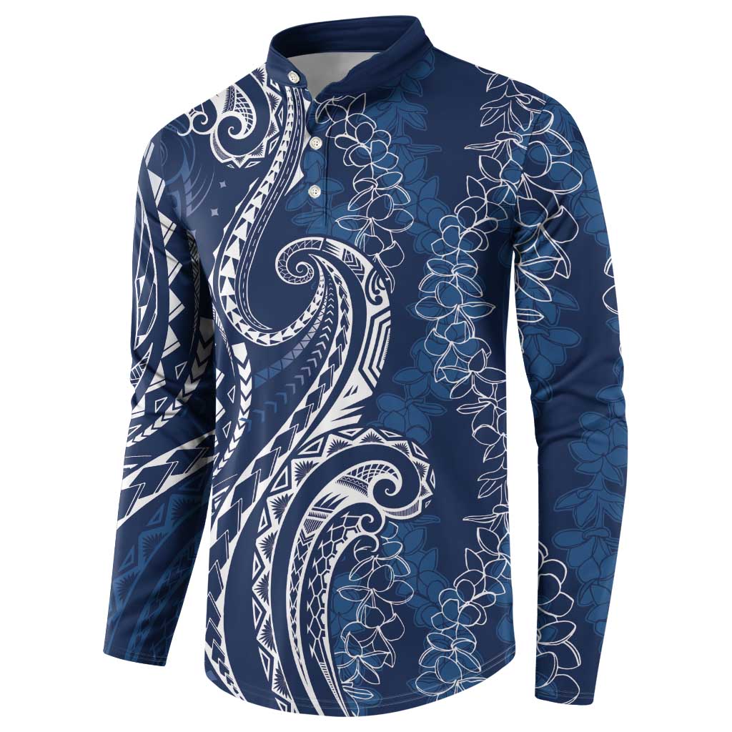Polynesia Plumeria Lei Button Sweatshirt Navy Blue Curves Motif