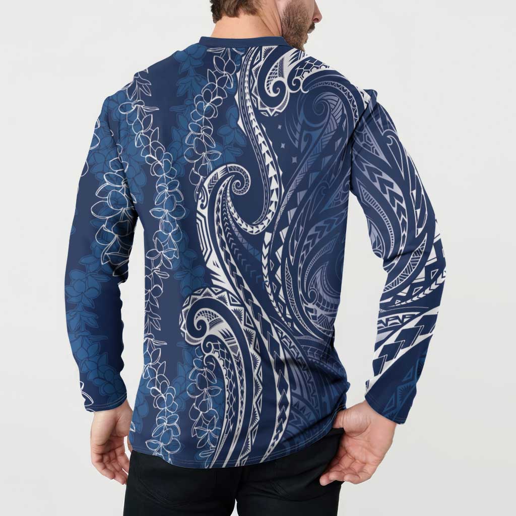 Polynesia Plumeria Lei Button Sweatshirt Navy Blue Curves Motif
