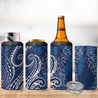 Polynesia Plumeria Lei 4 in 1 Can Cooler Tumbler Navy Blue Curves Motif