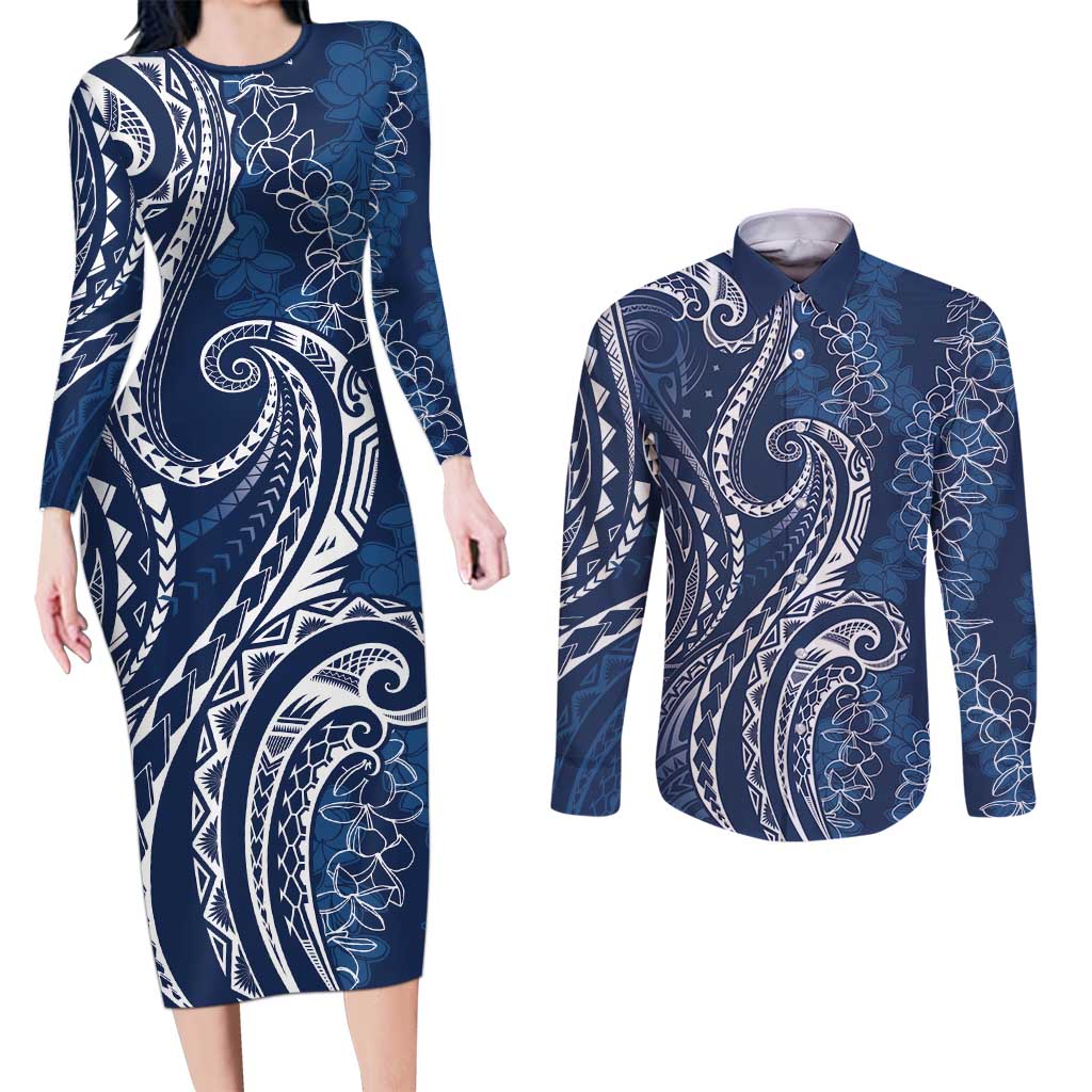 Polynesia Plumeria Lei Couples Matching Long Sleeve Bodycon Dress and Long Sleeve Button Shirt Navy Blue Curves Motif