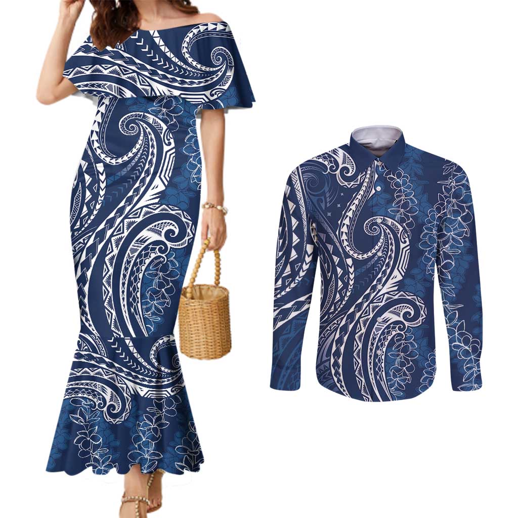 Polynesia Plumeria Lei Couples Matching Mermaid Dress and Long Sleeve Button Shirt Navy Blue Curves Motif LT7 Navy Blue - Polynesian Pride