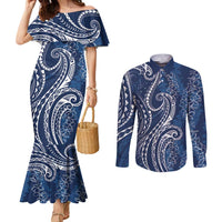 Polynesia Plumeria Lei Couples Matching Mermaid Dress and Long Sleeve Button Shirt Navy Blue Curves Motif LT7 Navy Blue - Polynesian Pride
