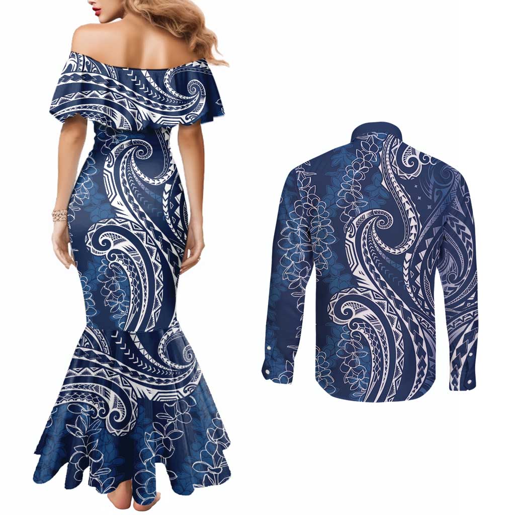 Polynesia Plumeria Lei Couples Matching Mermaid Dress and Long Sleeve Button Shirt Navy Blue Curves Motif LT7 - Polynesian Pride