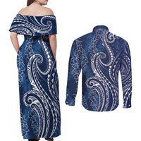 Polynesia Plumeria Lei Couples Matching Off Shoulder Maxi Dress and Long Sleeve Button Shirt Navy Blue Curves Motif